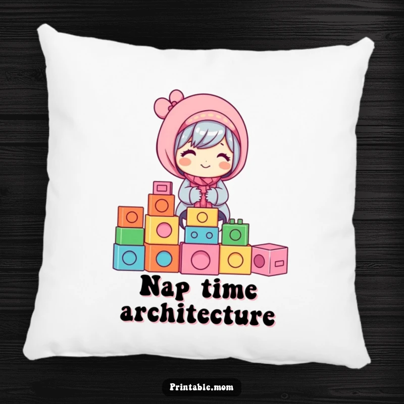 Funny Mom Pillow: Soft pillow featuring a happy mom stacking colorful building blocks, a cozy and funny gift.