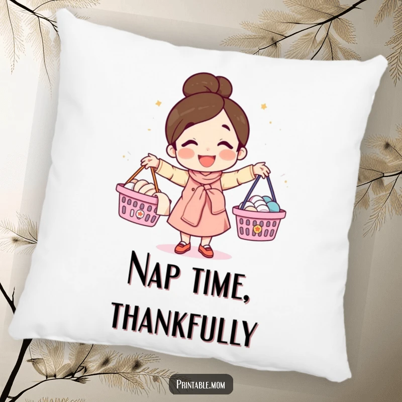 Funny pillow showcasing a happy mom character juggling laundry baskets, providing comfort and a humorous touch to any room.