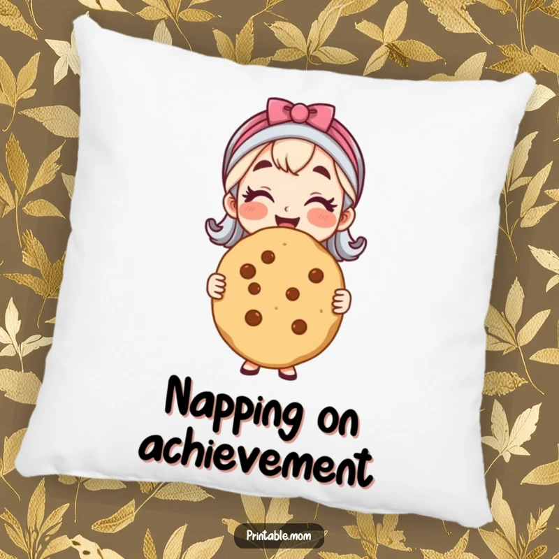 Funny decorative pillow featuring a cheerful mom holding a giant, perfect cookie, offering cozy baking-themed comfort.