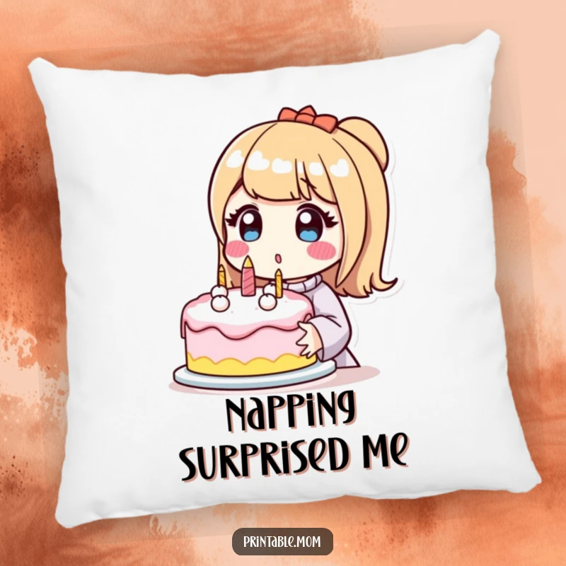 Funny pillow depicting a surprised mom character holding a beautifully decorated cake, conveying joy and baking pride with humor.
