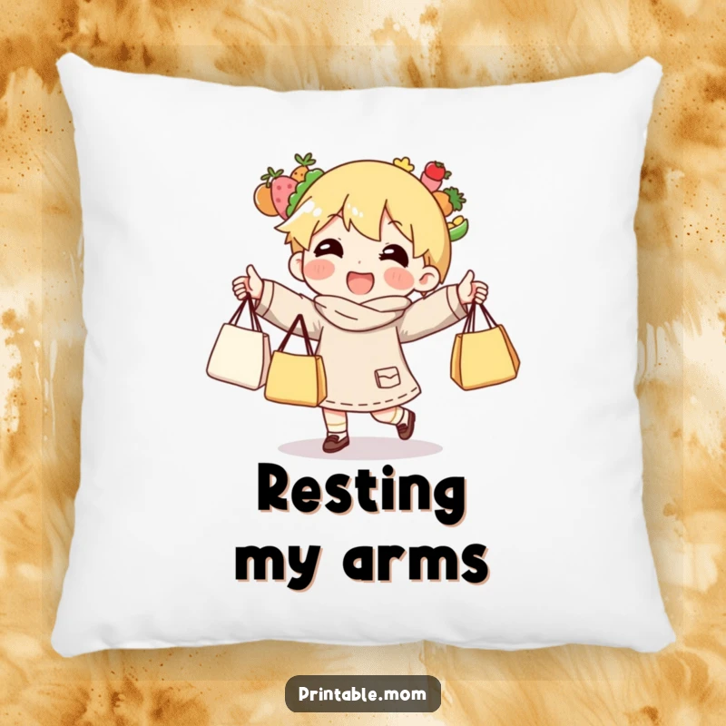 Funny pillow featuring a character happily juggling multiple grocery bags, looking victorious.
