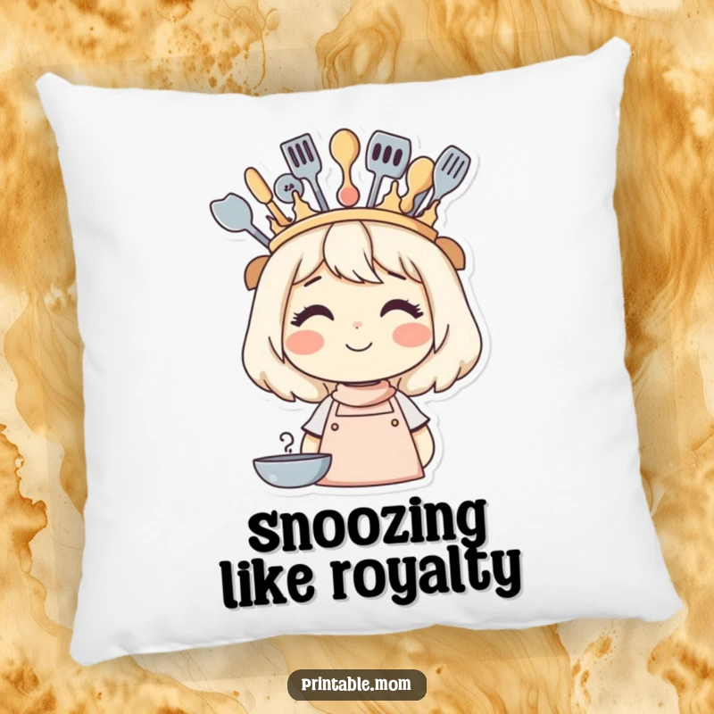 Funny decorative pillow featuring a smiling mom wearing a crown made of kitchen utensils, offering comfort and humor.