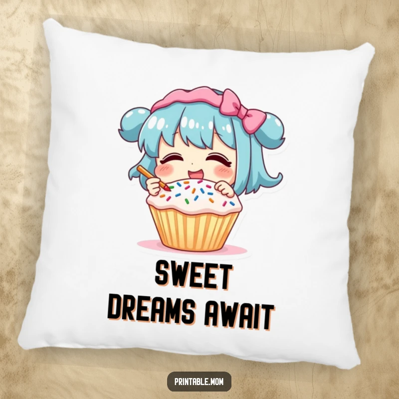 Funny Pillow: Character giggling while decorating a cupcake with sprinkles, a soft and humorous decorative cushion for bakers.