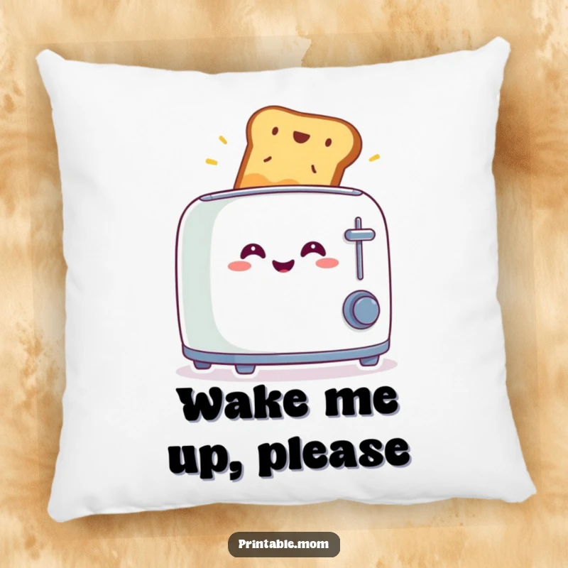 Funny pillow featuring a smiling toaster with toast launching out in surprise, perfect for adding comfort and humor to any room.