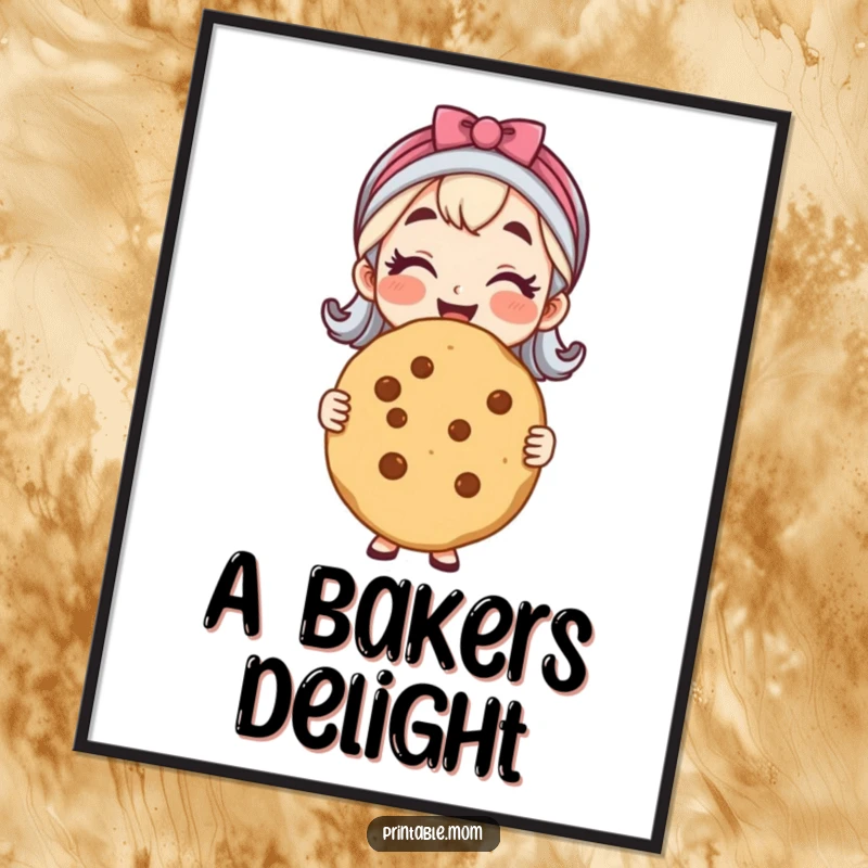 Funny digital art of a cheerful mom proudly presenting a large, perfectly baked cookie, celebrating homemade treats.
