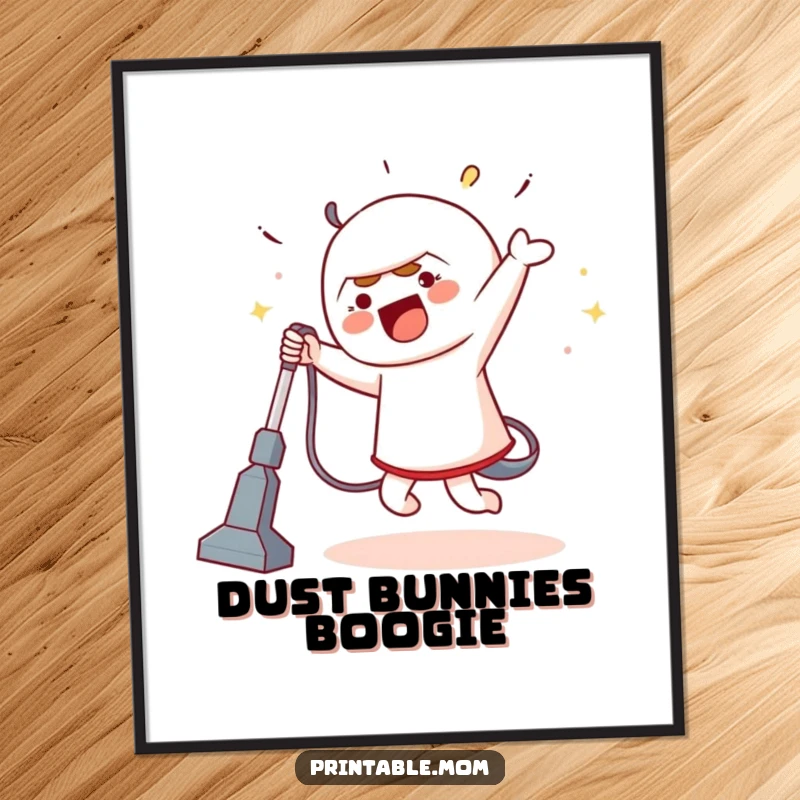 Funny digital art print of a character doing a silly dance with a vacuum cleaner, evoking joy and humor in cleaning.