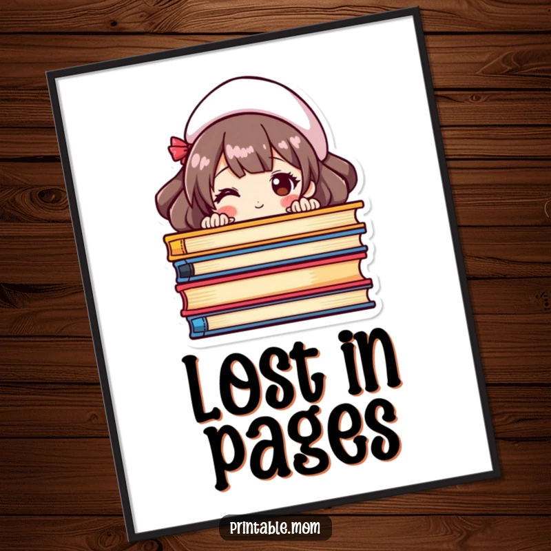 Funny digital art print of a mom playfully peeking from behind a stack of colorful books, embodying a love for reading.