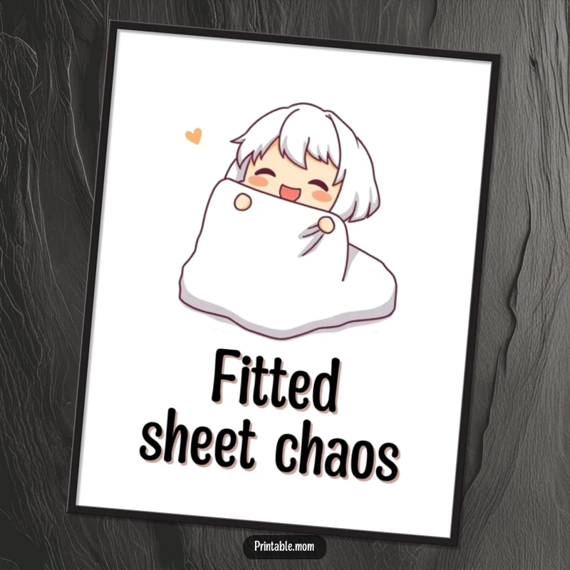 Funny Digital Art Print: Character joyfully attempting to fold a fitted sheet, instant downloadable humorous art.