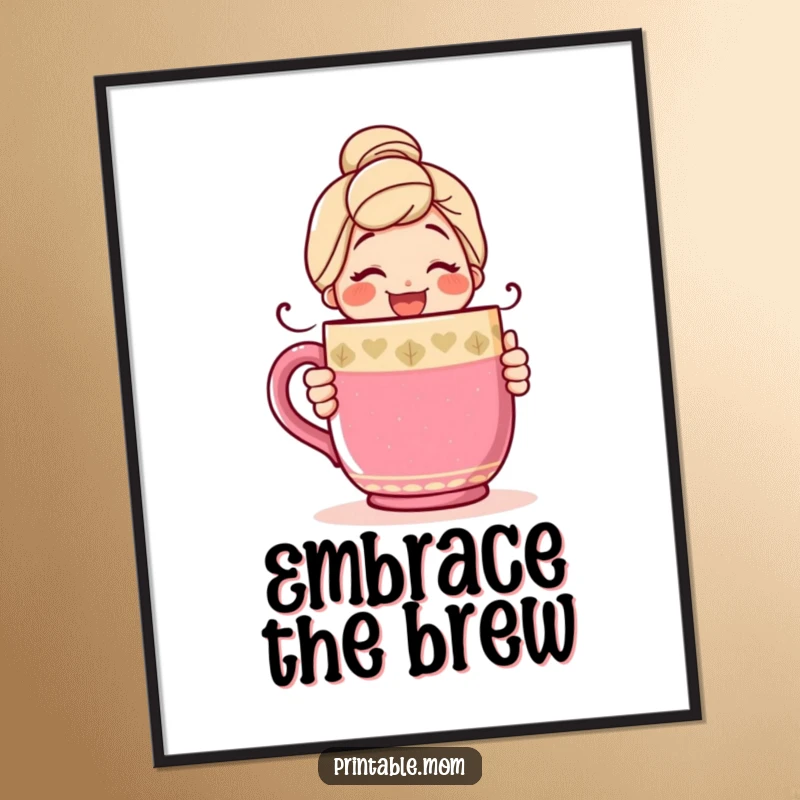 Funny digital art of a happy mom with a warm smile, embracing a giant, colorful coffee mug with pure joy.