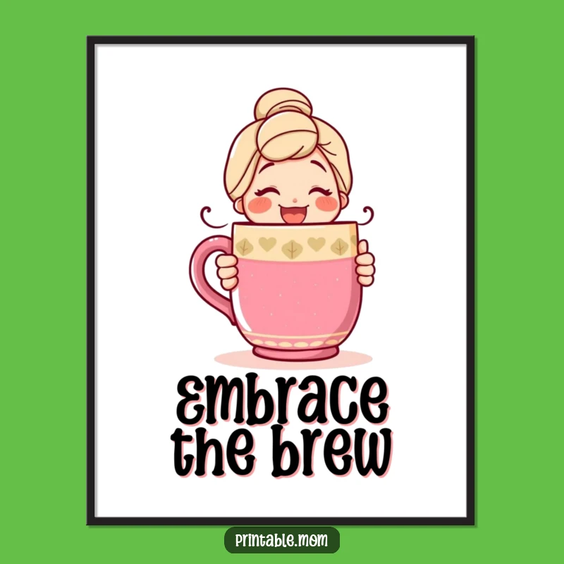 Funny Digital Art Print: Happy Mom's Giant Mug Hug, Cheerful Decor Gift!