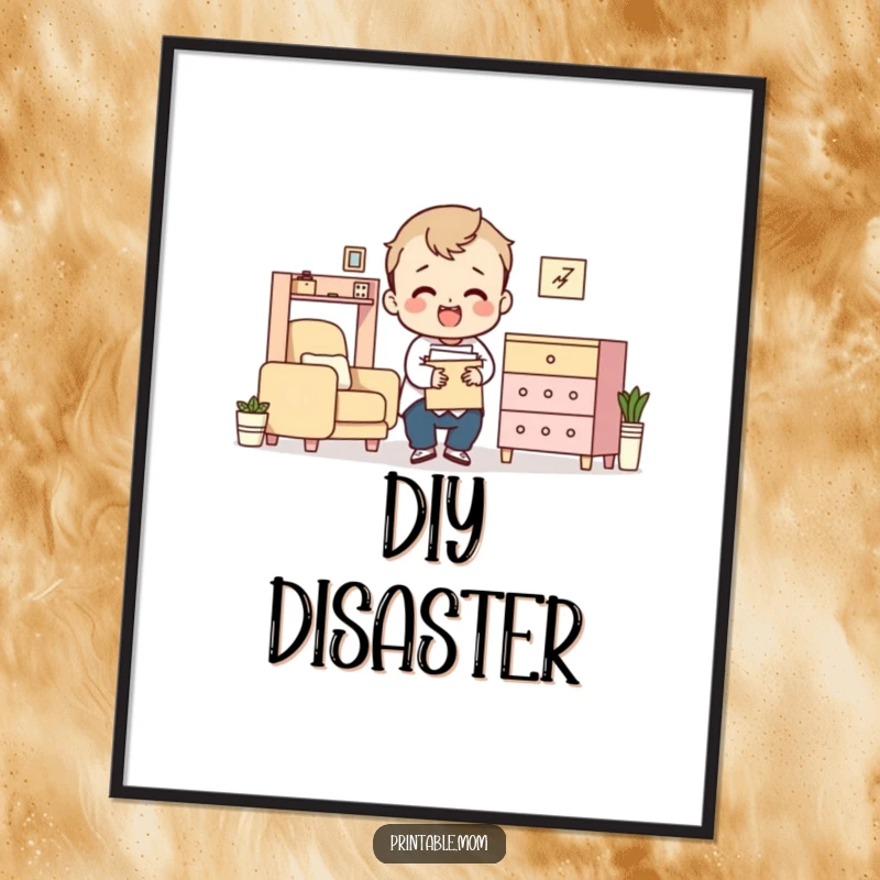 Funny digital art print showing a character comically struggling with flat-pack furniture assembly instructions.