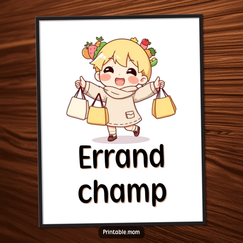 Funny digital art print of a character happily and comically juggling a large number of grocery bags.