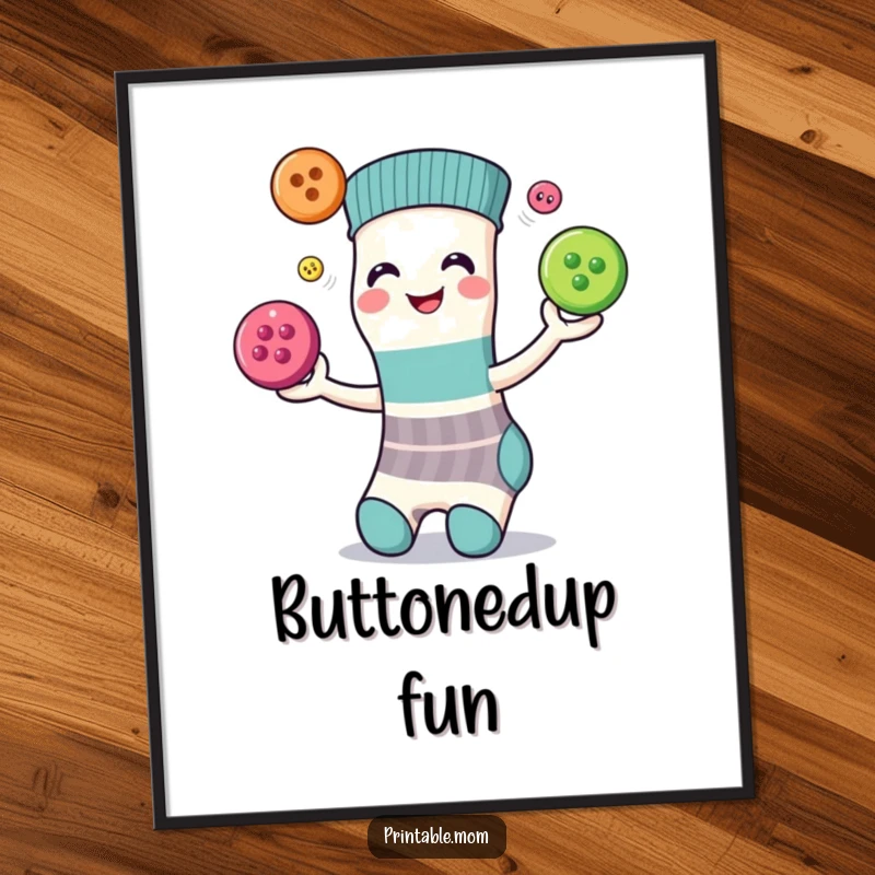 Funny digital art print of a smiling sock juggling three colorful buttons, great for instant wall decor and playful vibes.