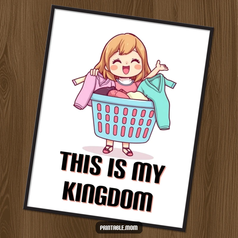 Funny digital art print of a happy mom character gleefully tossing clothes from a laundry basket, bringing humor to any room.