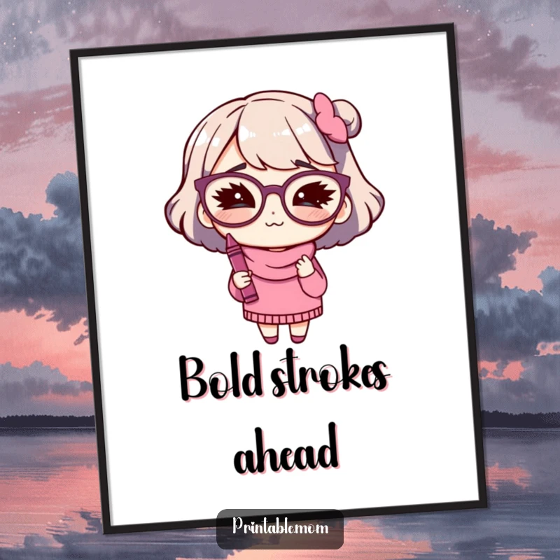 Funny digital art print of a mom with big glasses winking while holding a crayon, for instant framing.