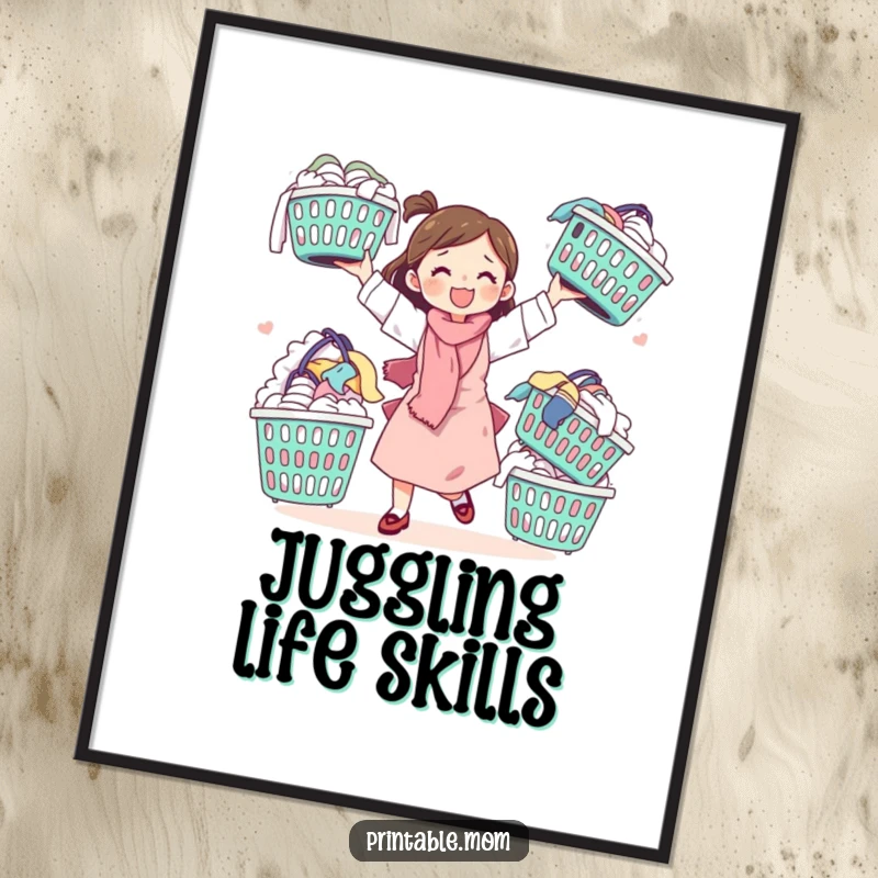 Funny digital art print of a mom juggling overflowing laundry baskets, ideal for humorous motherhood wall decor.