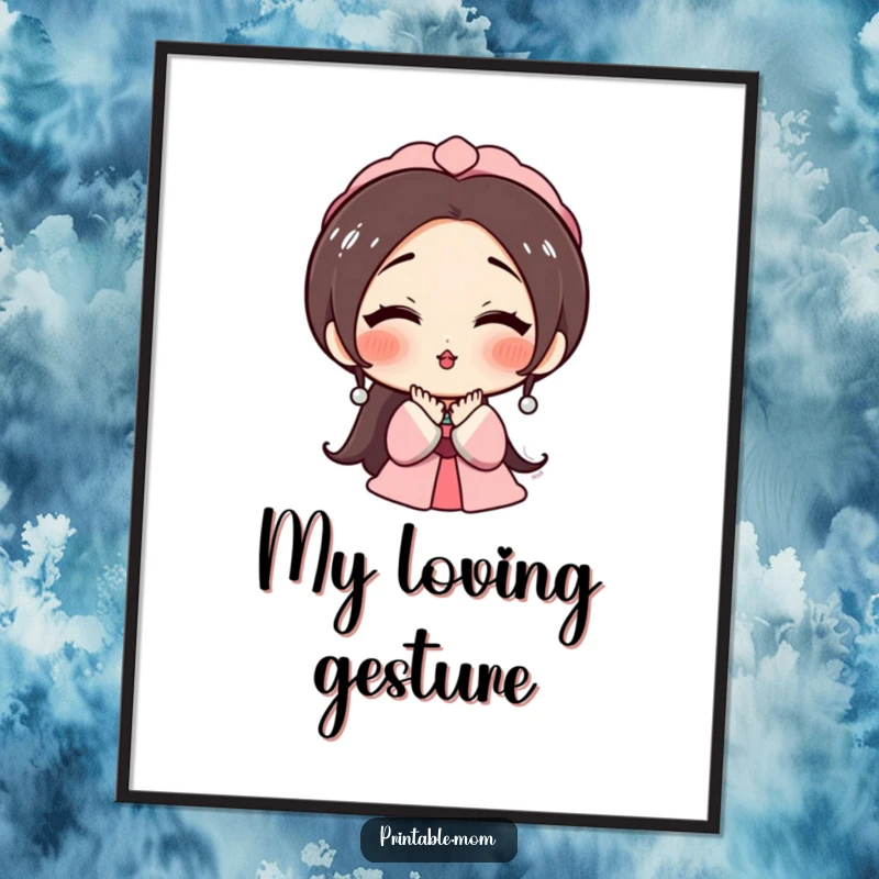 Funny digital art print of a rosy-cheeked mom character blowing a kiss, symbolizing love, warmth, and a mother's tender affection.