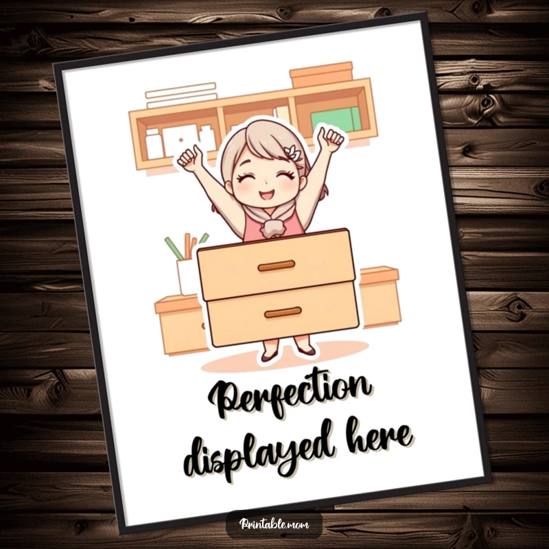 Funny digital art print of a mom character exuding victory, holding a perfectly organized drawer as a symbol of her exceptional tidiness.