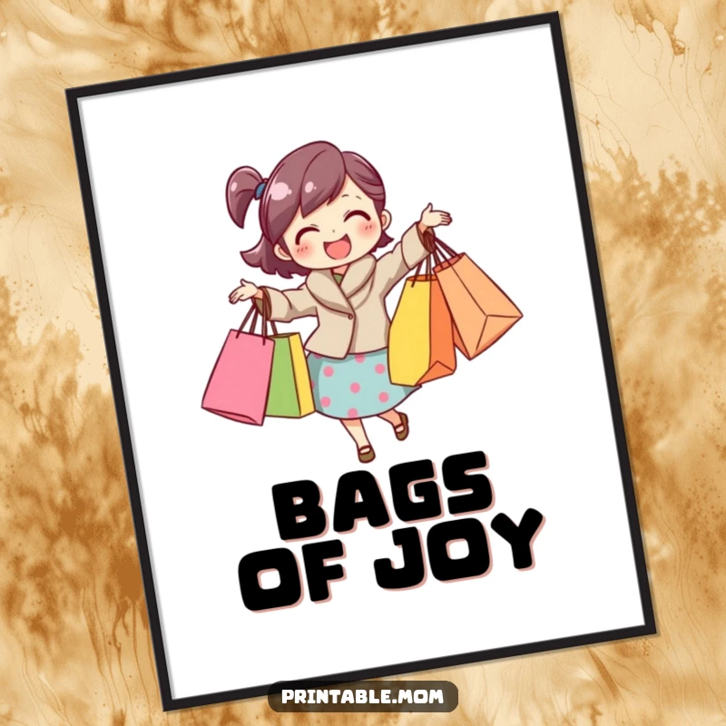 Funny mom digital art print of a happy mom with many shopping bags, perfect for instant, humorous wall decor.