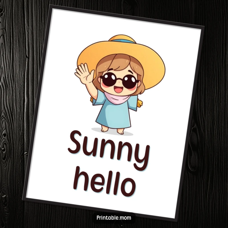 Funny digital art print of a mom with a sun hat waving enthusiastically, capturing maternal zest and cheerful greetings.