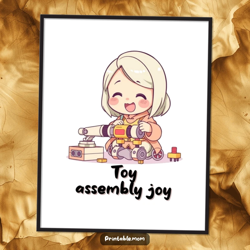 Funny digital art print of a giggling mom character delightedly assembling a complicated toy, bringing instant parenting humor to any display.
