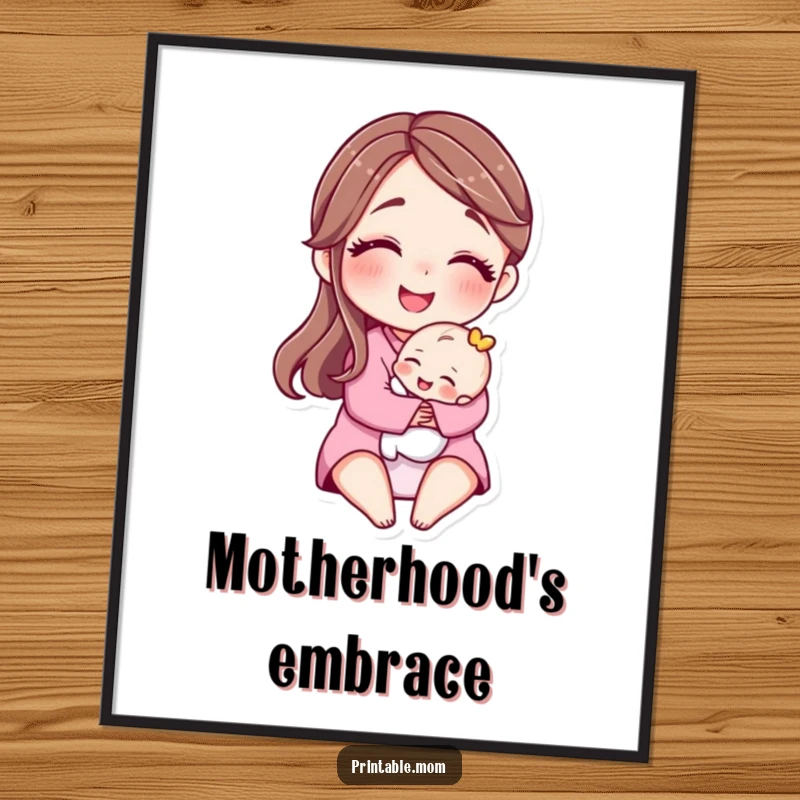 Funny digital art print of a motherly character smiling and hugging a tiny baby, bringing instant warmth and love.