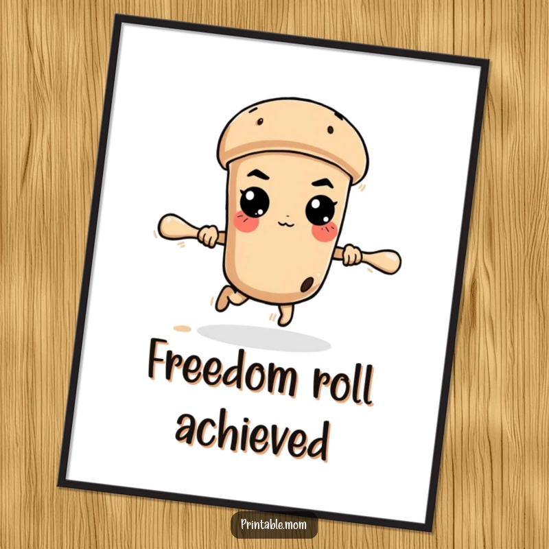 Funny determined rolling pin in action, captured as a humorous digital art print for instant kitchen wall decor