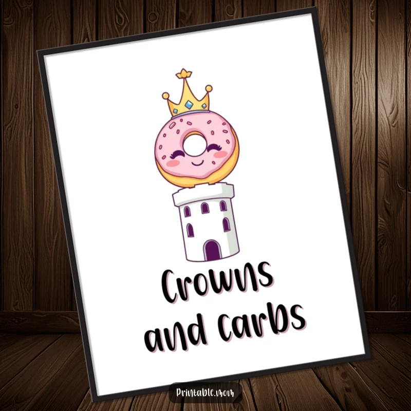 Funny digital art print of a smiling donut wearing a tiny crown, precariously balanced atop a decorative tower.