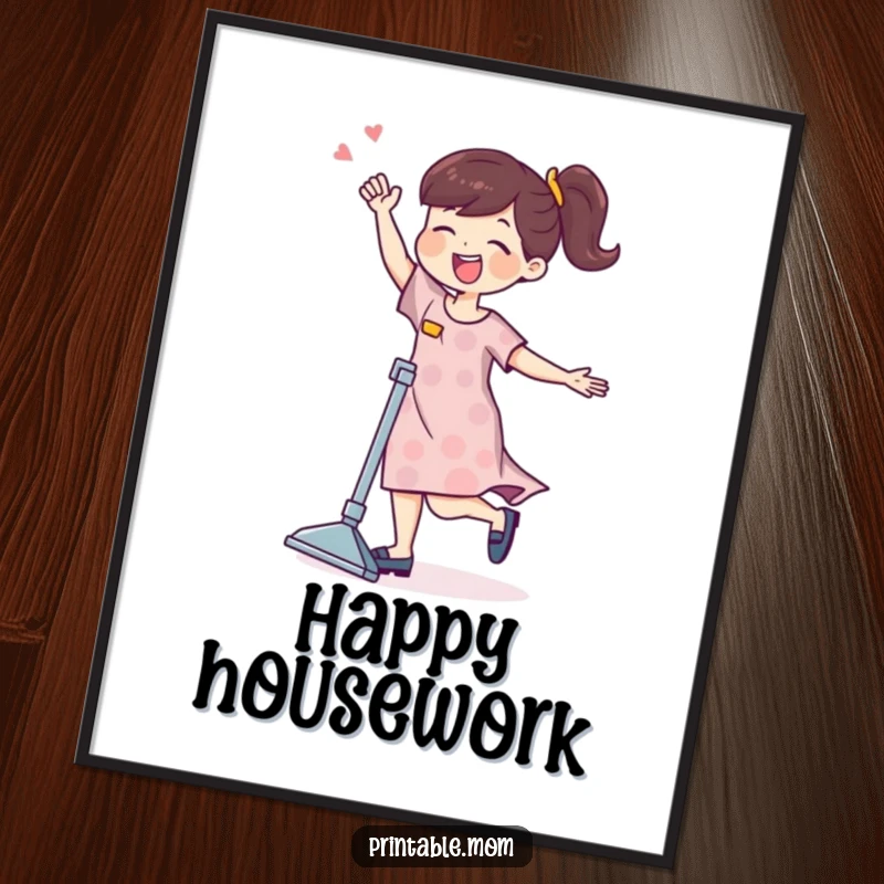 Funny mom character joyfully dancing with a vacuum cleaner, as a downloadable digital art print.