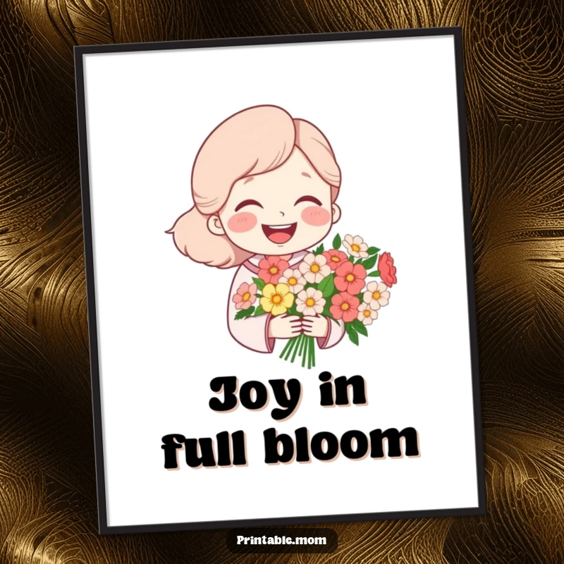 Funny digital art print of a mom character laughing heartily while holding a bouquet of flowers, suitable for display.