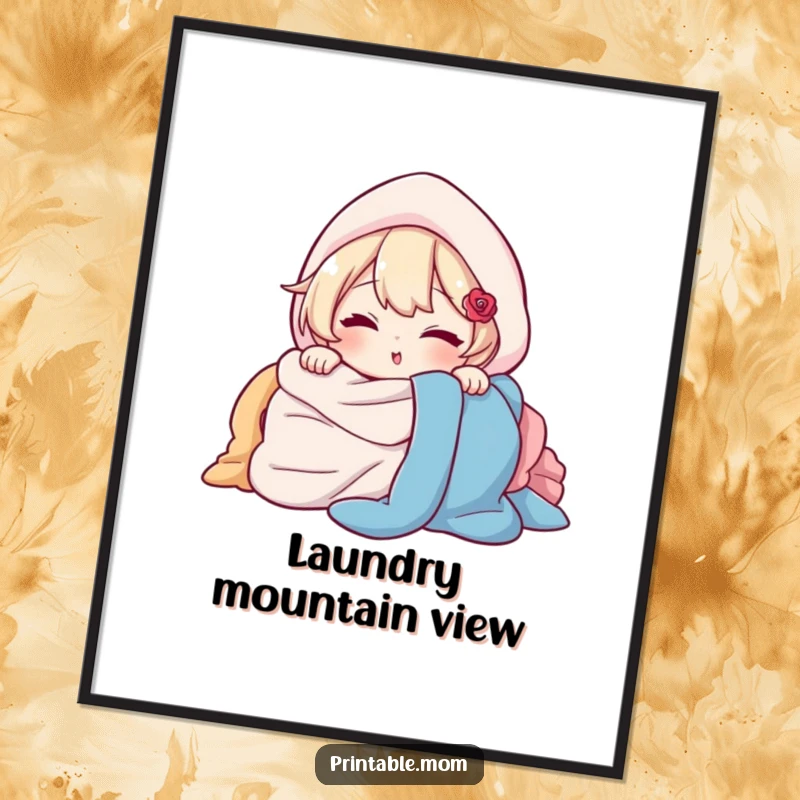 Funny Digital Art Print: Character peeking out from behind a pile of laundry with a wink, instant downloadable humorous art.