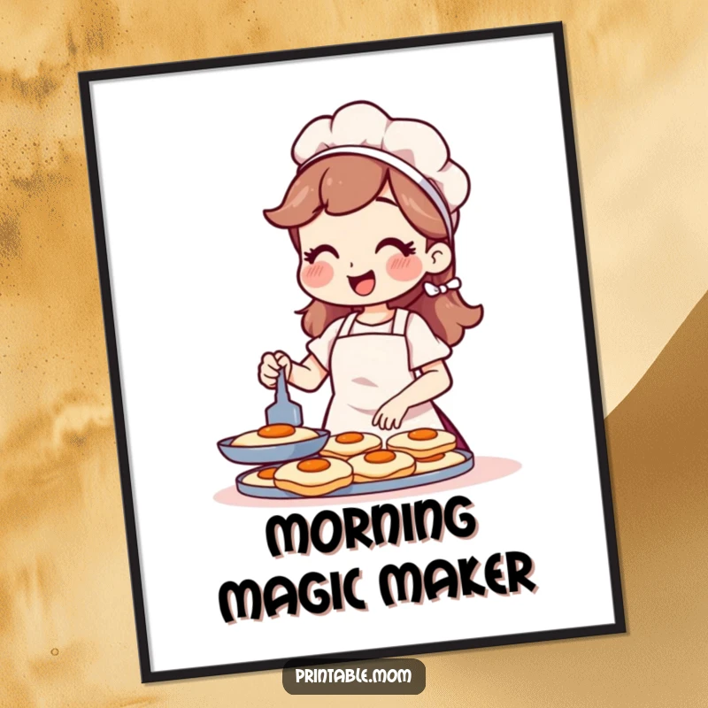 Funny digital art print of a cheerful mom in an apron flipping pancakes, for instant framing.