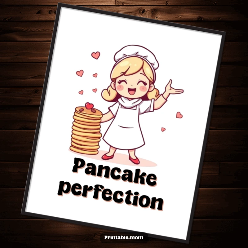 Funny digital art of a cheerful mom with bubbly energy, humorously juggling a stack of pancakes, perfect for vibrant home decor.