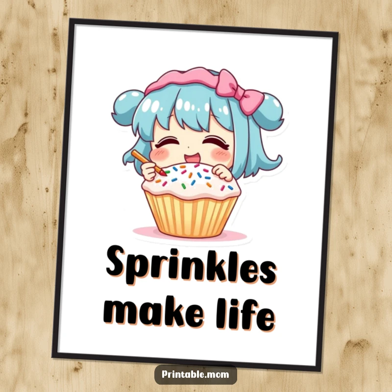 Funny Digital Art Print: Character giggling while decorating a cupcake with sprinkles, instant downloadable sweet and humorous art.