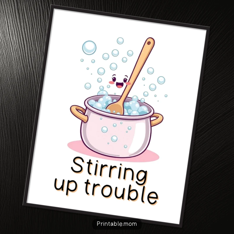 Funny Digital Art Print of a bewildered spoon stirring a pot overflowing with comical bubbles.