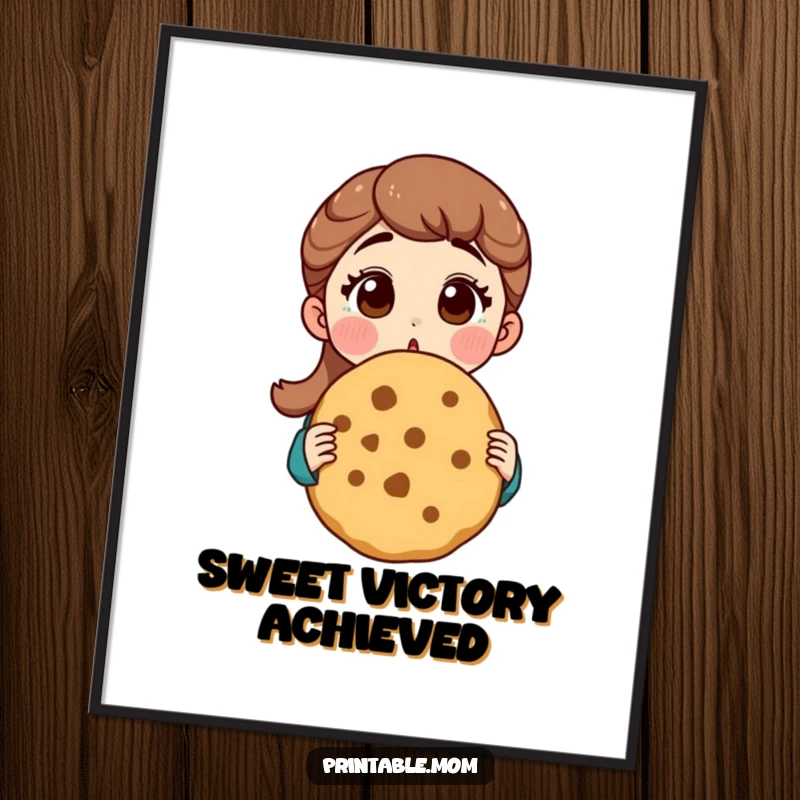 Funny mom digital art print of a surprised mom with a huge cookie, perfect for instant, humorous wall decor.