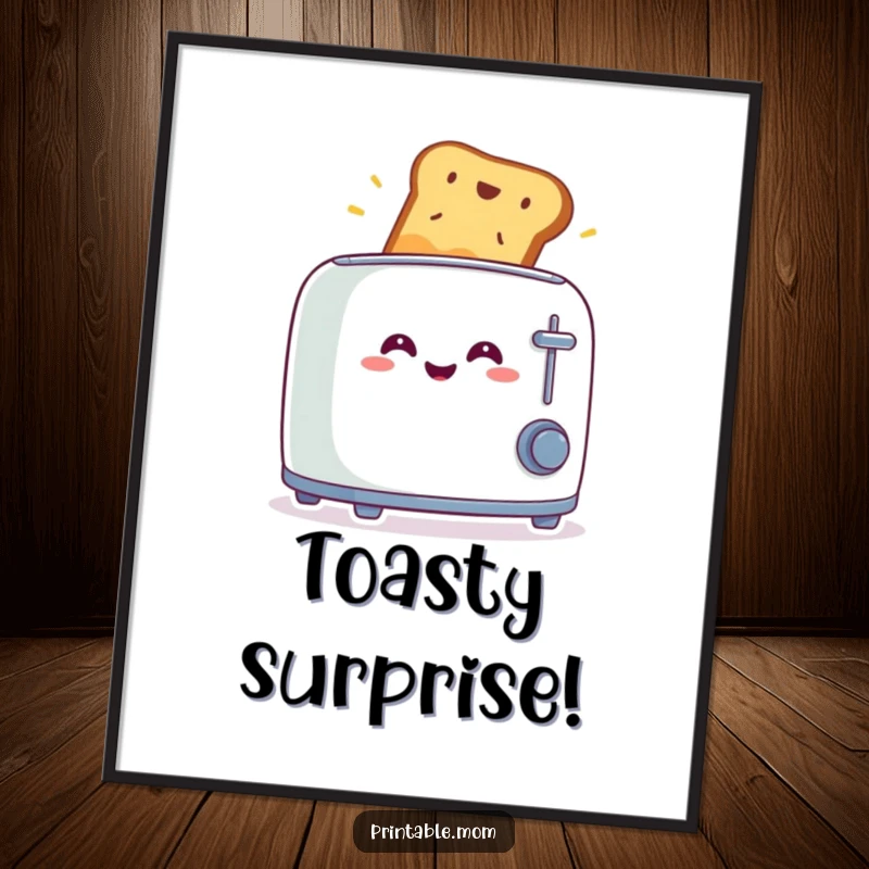 Funny digital art print of a smiling toaster with toast launching out in surprise, great for instant wall decor and breakfast humor.