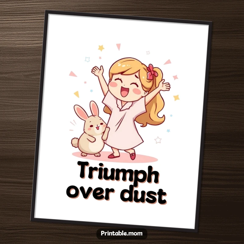 Funny digital art of a mom doing a celebratory dance with a dust bunny, bringing whimsical humor to home decor.