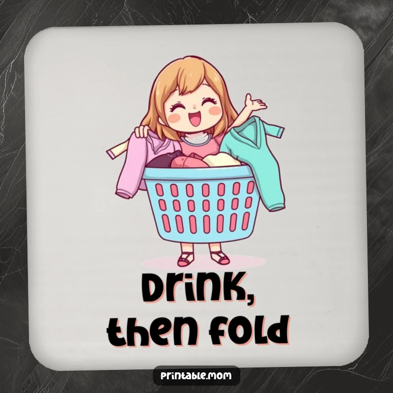Funny drink coasters showcasing a happy mom character energetically tossing clothes from a laundry basket, ideal for any surface.