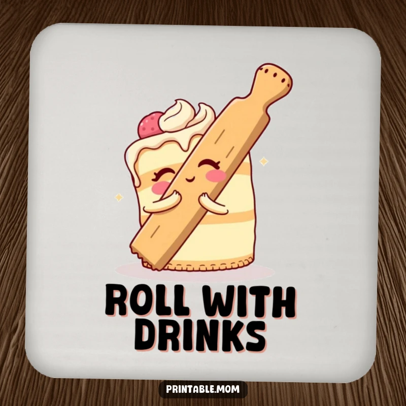 Funny Cake Coaster featuring a cheerful dessert comically hugging a giant rolling pin, a functional and decorative baking piece.