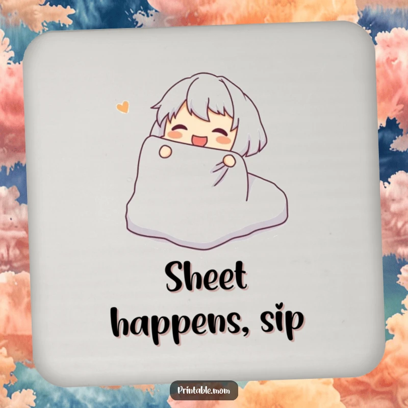 Funny Drink Coaster: Character joyfully attempting to fold a fitted sheet, a humorous and protective table accessory.