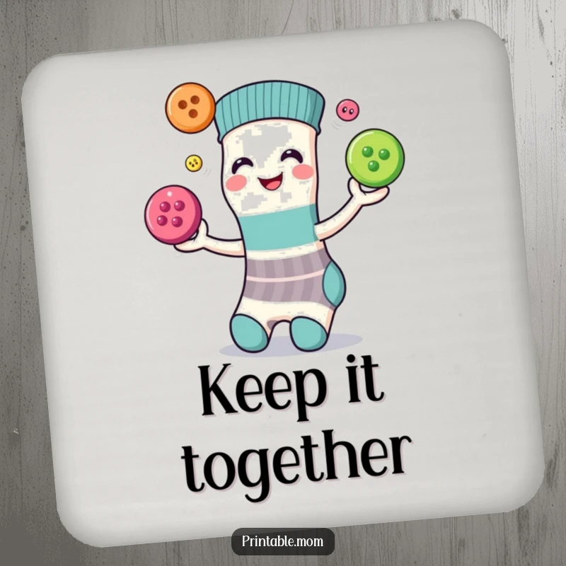 Funny drink coaster with a smiling sock juggling three colorful buttons, protecting furniture with playful charm.
