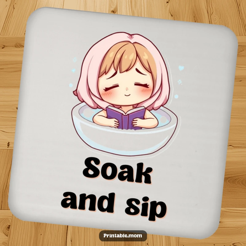 Funny coaster with a tired, smiling mom character enjoying a bubble bath with a book, perfect for adding humor.