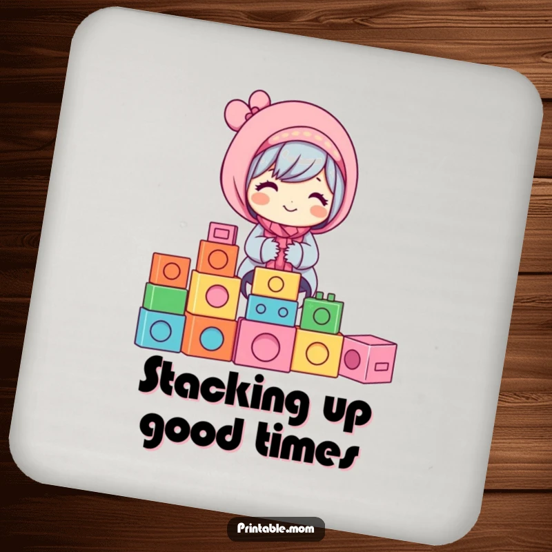 Funny Mom Drink Coaster: Depicts a happy mom stacking colorful building blocks, a fun and funny home gift.