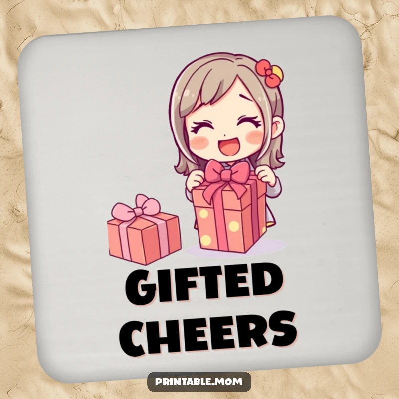 Funny coaster set depicting a mom character excitedly unwrapping a gift, adding humor and protection to surfaces, a delightful housewarming gift.