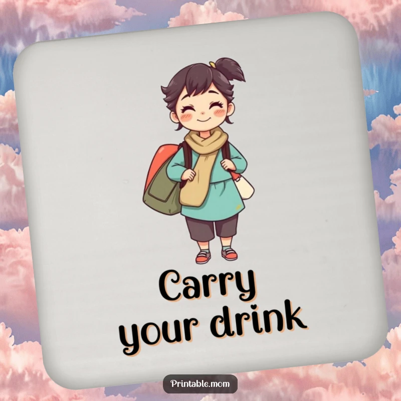 Funny coaster set depicting a mom character balancing multiple bags, adding humor and protection to surfaces, a charming housewarming gift.