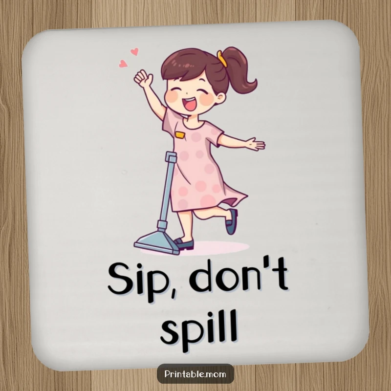 Funny mom character joyfully dancing with a vacuum cleaner on a protective coaster.