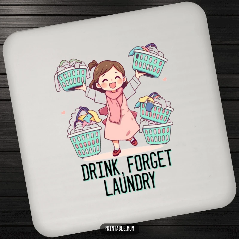 Funny coasters featuring a mom juggling laundry baskets, adding mom humor and protecting surfaces from drinks.