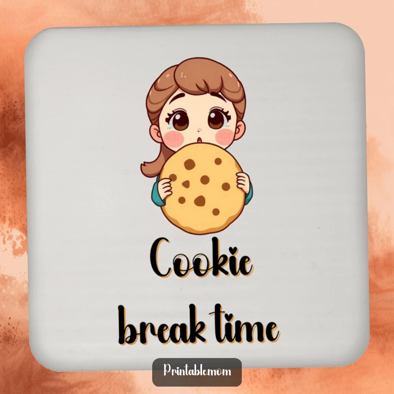 Funny mom coaster featuring a surprised mom holding a gigantic cookie, adding humor to drink placement.