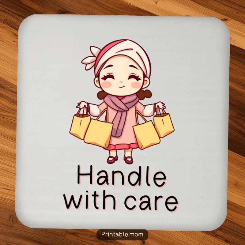 Funny mom coaster featuring a woman juggling grocery bags, a humorous accent for tabletops.